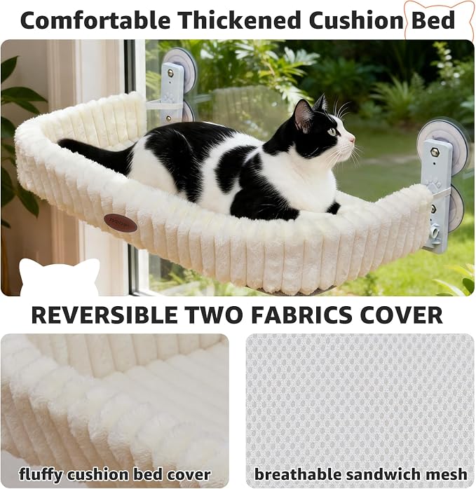 Cordless Cat Window Perch, Large Size Hammock with 4 Strong Suction Cups, Cat Hammock for Window with Two Fabrics Cover, Foldable Bed for Cats, White