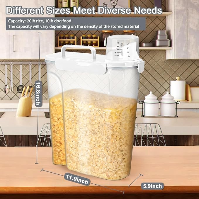 Rice Storage Containers, Airtight Cereal Containers Storage, with Pouring Spout Portable Handle for Flour, Pasta, Grain and Baking, Pet Dog Cat Bird Food Container 20lb White