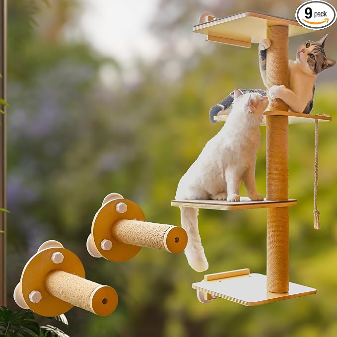 Cat Window Perch and Cat Wall Shelves 2 in 1 Cat Scratching Activity Tree Wall Mounted, Cat Scratch Post for Cats, Kittens with Cat Bed