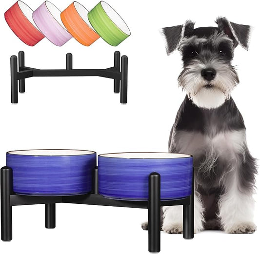Ceramic Elevated Dog Bowl Set, 6.1''Raised Dog Food and Water Bowl Set with Non-Slip Stainless Steel Stand, Double Raised Dish for Small and Medium Breed, 3.5 Cups / 22 Fl Oz,Blue