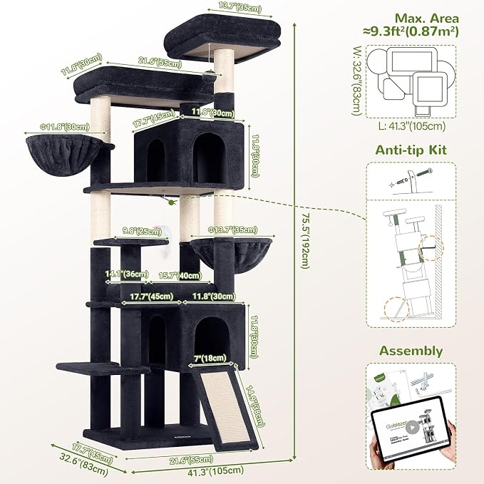 Globlazer Tall Cat Tree for Indoor Large Cats, 75 inch, F75C, Dark Grey | Multi-Level Cat Tower, 2 Large Platforms, 2 Oversized Cat Condos, 5 Scratching Posts, Scratching Board, Removable Pet Bed