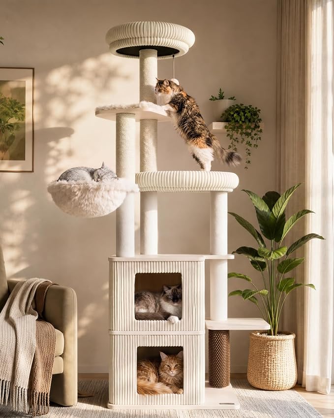 63" Heavy Duty Cat Tree, Modern Cat Tower with Double Large Condos | Modern Cat Furniture, Sturdy Cat Tree Tower, Indoor Scratching Post, Plush Top Perch, Double Cozy Cat Condo