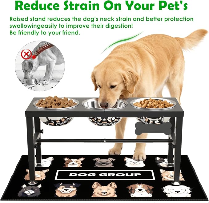 SHAINFUN Metal Elevated Dog Bowls Stand for Large Dogs with Mat & Three 58oz Food Water Bowls, Adjustable Height Raised Dog Bowl Stand
