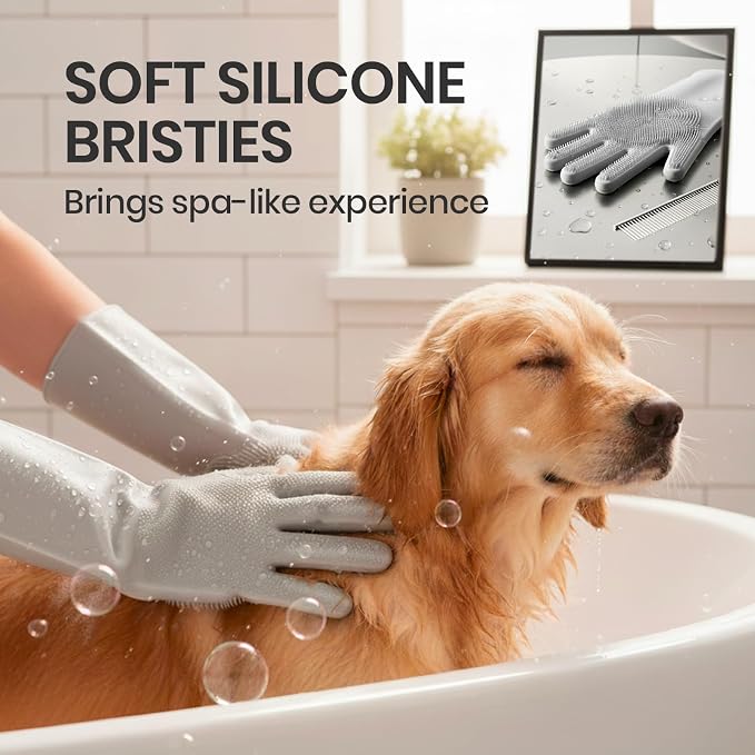 DELOMO Silicone Pet Grooming Gloves Dog Washing Gloves with Comb, Grey | 3000 Soft Silicone Bristles with Comb, 5-Finger Flexible, Massages & Removes Fur, Non-Slip, Easy Clean, for Dogs/Cats/Horses