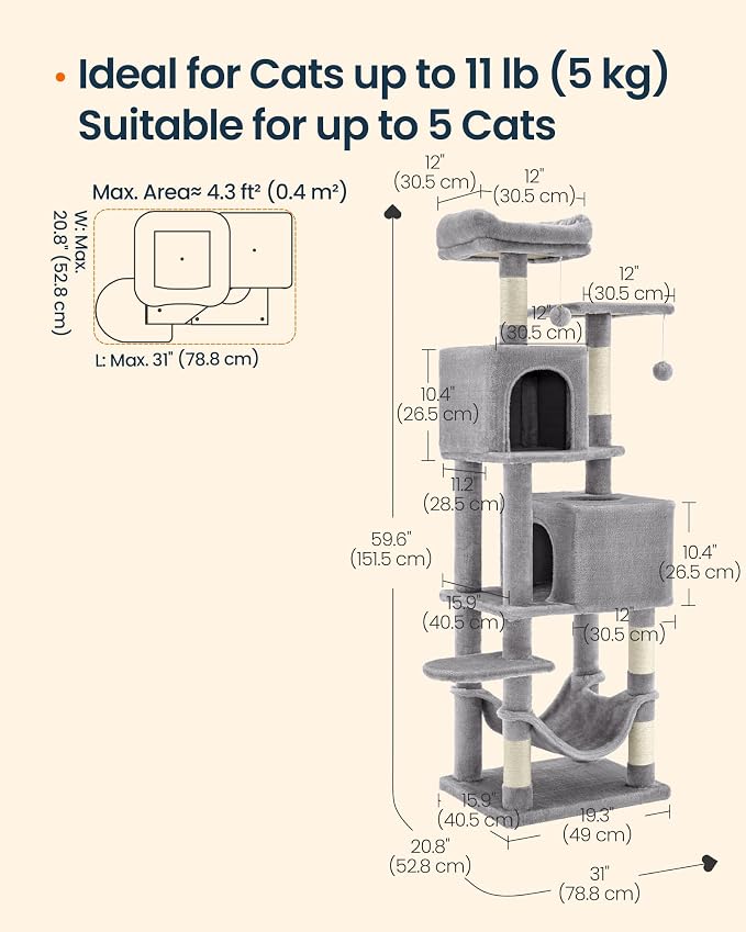 SONGMICS HOME Cat Tree for Indoor Cats, Multi-Level Cat Tower with Sisal Scratching Posts, Hammock and Condo, Light Gray