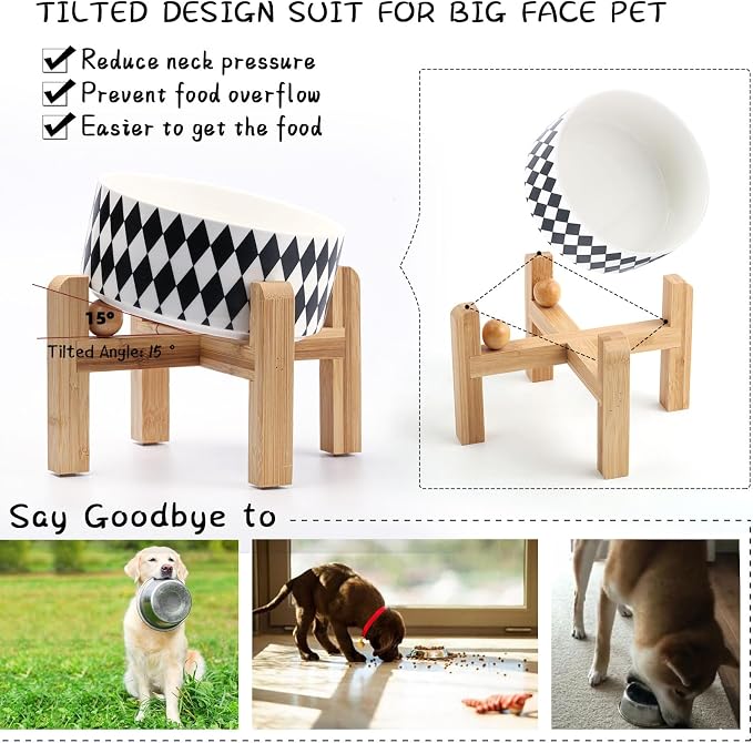 Petygooing Raised/Elevated 15°Slanted Ceramic Dog Bowl for Small Breeds,Tilted Anti Slip Pet Bowl,Food Water Dish with Stand for Cats and Small Dogs Puppy 13.5 OZ (5.1In / 1.7 Cups) Black Rhombus