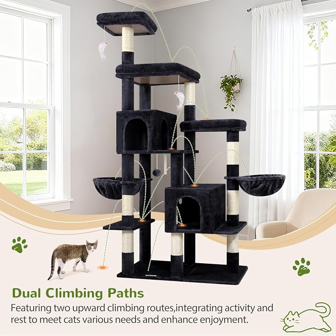 Globlazer 74in Large Sturdy Cat Tree for Large Cats, F74F, Beige | Tall Maine Coon Cat Tower for Indoor Cats Large Adult with 8 Scratching Posts, 2 Spacious Cat Condos, 3 Perches