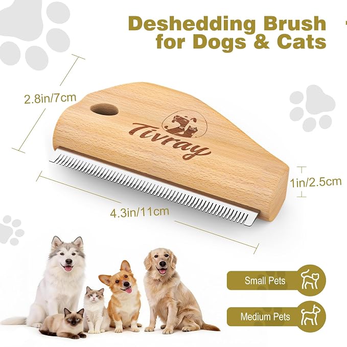 Dog Brush for Shedding, Wood Deshedding Brush for Dogs, 4.3inch | Ergonomic Pet Hair Removal Tool, Painless Wood Remover for Pet Hair, Cats, Horses Cleaning, Grooming, Short and Long Fur