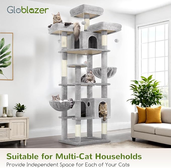 Globlazer Cat Tree Tower for Multiple Adult Cats, 82in, F82, Light Grey | XXL Tall Cat Tree Tower for Indoor Cats with Scratching Post, 3 Perches, 2 Condos, 2 Hanging Baskets