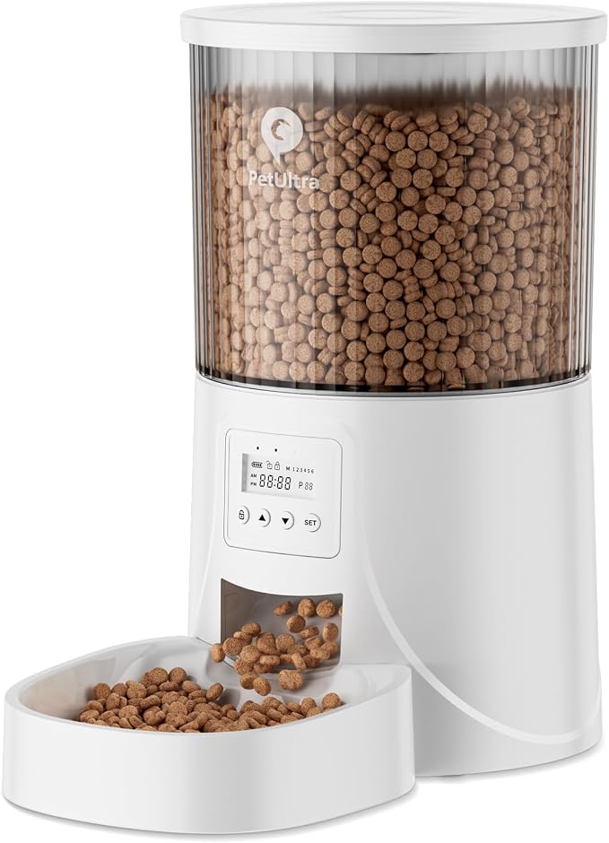 PETULTRA Automatic Cat Feeder: 4L Timed Cats Food Dispenser Programmable 1-6 Meal for Cat and Small Medium Dog- Auto Pet Feeder Dual Power Supply with Desiccant Bag& | Easy to Clean White