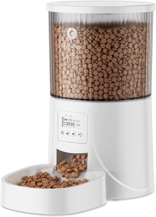 PETULTRA Automatic Cat Feeder: 4L Timed Cats Food Dispenser Programmable 1-6 Meal for Cat and Small Medium Dog- Auto Pet Feeder Dual Power Supply with Desiccant Bag& | Easy to Clean White