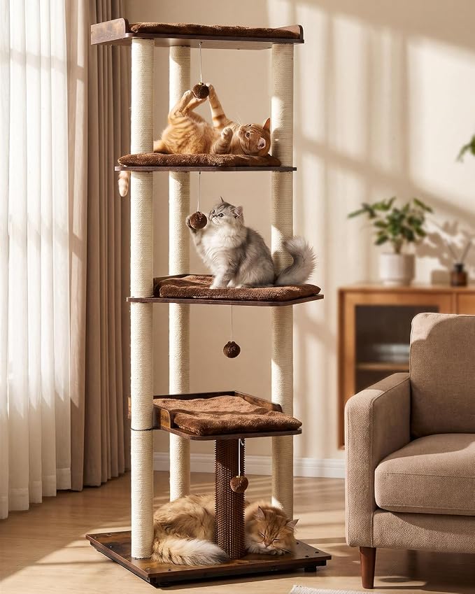 Heavy Duty Cat Tree, 67.7" Cat Tree for Indoor Cats Large Adult, Modern Cat Tower for Large Cats, Cat Tower with Scratching Post, Large Perch and Removable Pads, Rustic Brown