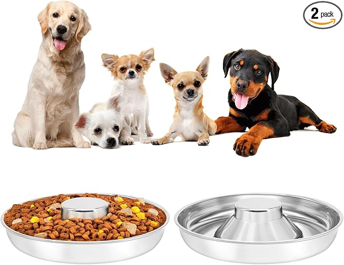 Stainless Steel Puppy Bowls 2 Pack, Pet Slow Feeder Bowls, Water Bowl, Feeding Weaning for Small Medium Large Dogs, Cat, Pets (2 Pack, Large：1.3” x 13.6”)