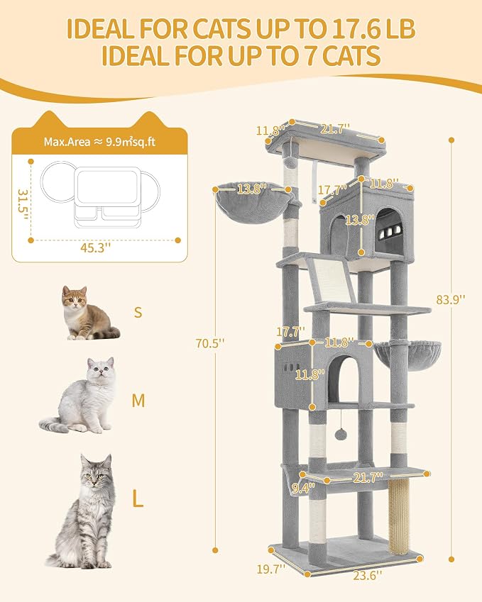 Hzuaneri Tall Cat Tree 84 Inch, Indoor Large Multi-Level Cat Tower | Cat Condo Furniture with 5 Scratching Post, 2 Hanging Basket, 2 Condo, 2 Large Platform, Pet Play House, Light Grey MS21318LG