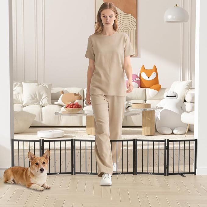 Snuowu 16" Freestanding Short Dog Gate for Small Dogs – Foldable & Retractable, Expands Up to 72" Wide, 6-Panel Pet Barrier for Doorways, Stairs & Hallways (Black)