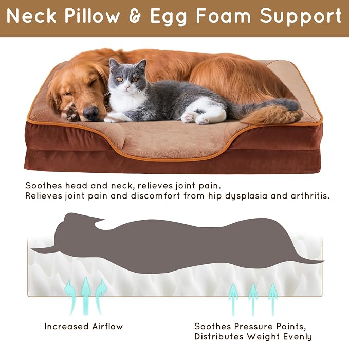 FluffyDream 35 inch Memory Egg-Crate Foam Dog Bed, Orthopedic Pet Couch Bed with Washable Removable Cover, Brown