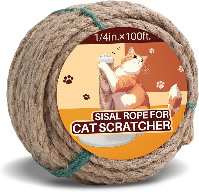 Sisal Rope for Cat Scratcher 1/4" 100 Ft Cat Tree Rope Twine for Repairing Cat Scratching Post Replacement DIY Hemp Rope for Carpet Mat Kicker House, Pet Toy, and Crafts Gardening Home Decorating
