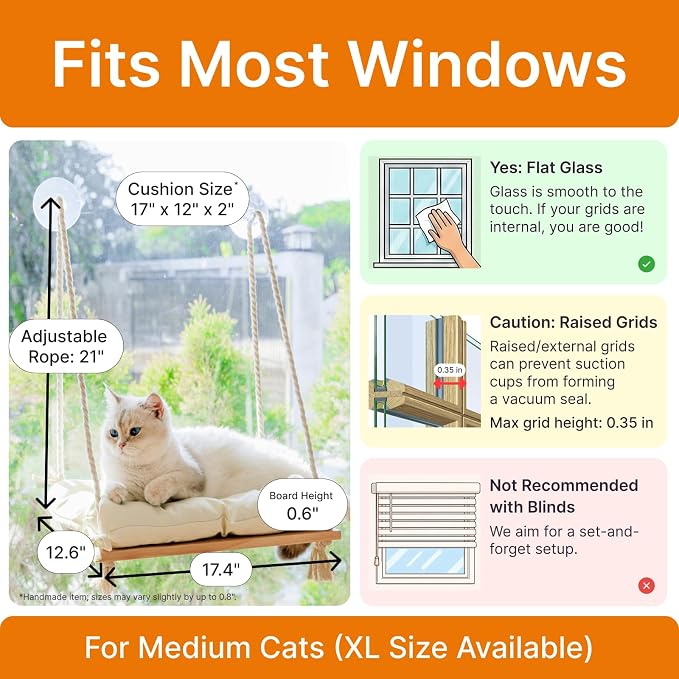 Cat Window Perch with Industrial-Grade Suction Cups - Solid Pine Wood Hammock Bed, Soft Cushion - 42 lb Capacity for Cats Inside