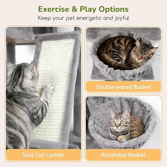 Globlazer 80in Extra Large Tall Corner Cat Tree Tower, S80G, Light Grey | Multi-Level Cat Condo for Multiple Indoor Cats Large Adult Kittens, Scratching Posts, Widened Perches, Adjustable Baskets