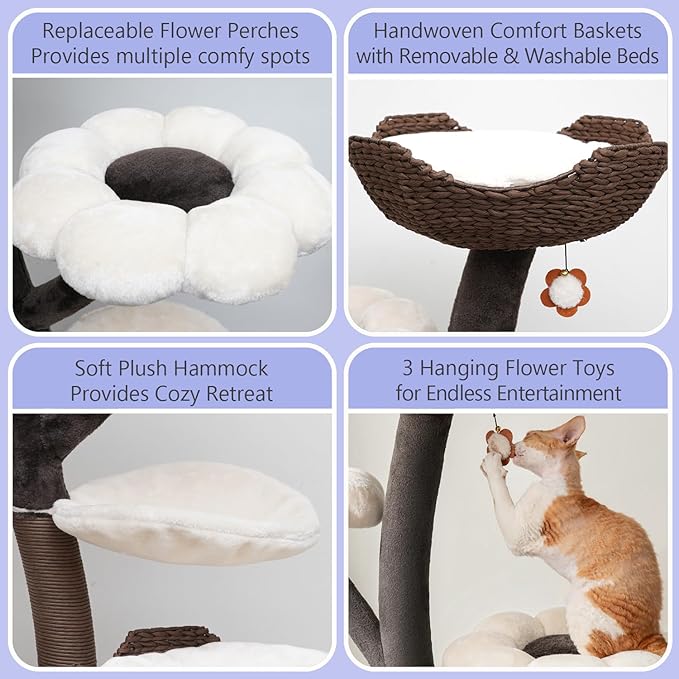 Catry Floral Large Cat Tree with Handcrafted Basket Beds & Flower Perches | Handwoven Baskets Beds with Washable Pads, Durable Iron Frame, Replaceable Flower Perches & 1 Hammock for Multi-Cat Homes