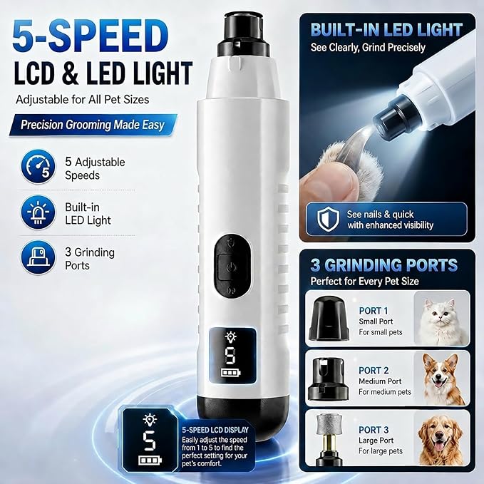 Silent Pro Nail Grinder for Dog Quiet Trimmers File 5 Speed Pet Clippers to Cats Grooming Tool Toenail Cutter Electric Whisper Puppy Guard Light Supplies Helper with 2 Sanding Pads Accessories