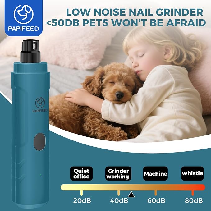 PAPIFEED Dog Nail Grinder with LED Light, Ultra Quiet 3-Speed Electric Nail File for Small Medium Large Dogs & Cats, Rechargeable Pet Nail Grinder Set with Nail Trimmer (Blue Kit)