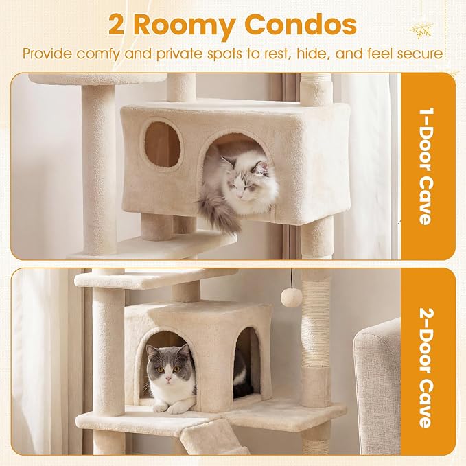 52-inch Cat Tree, Multi-Level Cat Tower with Sisal Scratching Posts, 2 Comfy Condos, Plush Padded Soft Top Perch, Dangling Balls, and Climbing Ladder, Ideal for Indoor Cats (Beige)