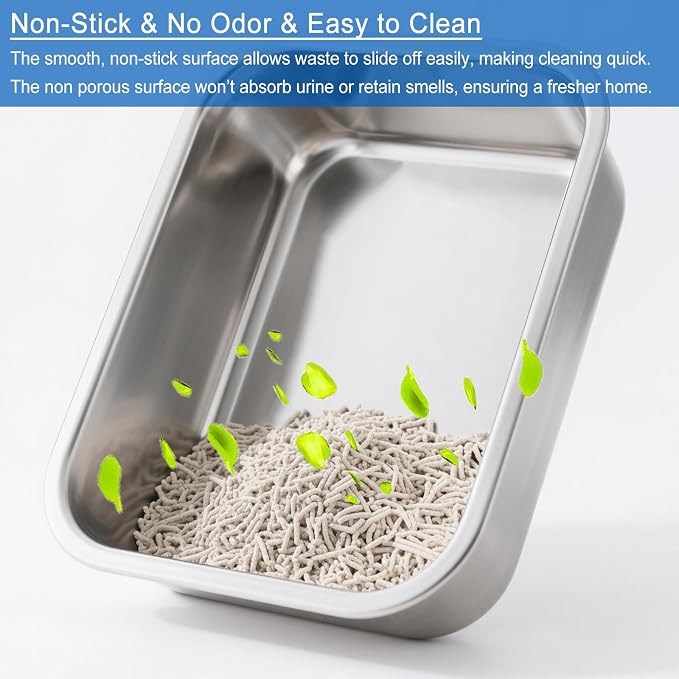 2 Pack Stainless Steel Cat Litter Box Large Metal Litter Pan Tray High Sided Cat Box, Pet Toilet Supplies for Indoor Cats Kitten Rabbit - Non Stick, No Smell, Easy to Clean - 17.72x13.78x5.91 Inch