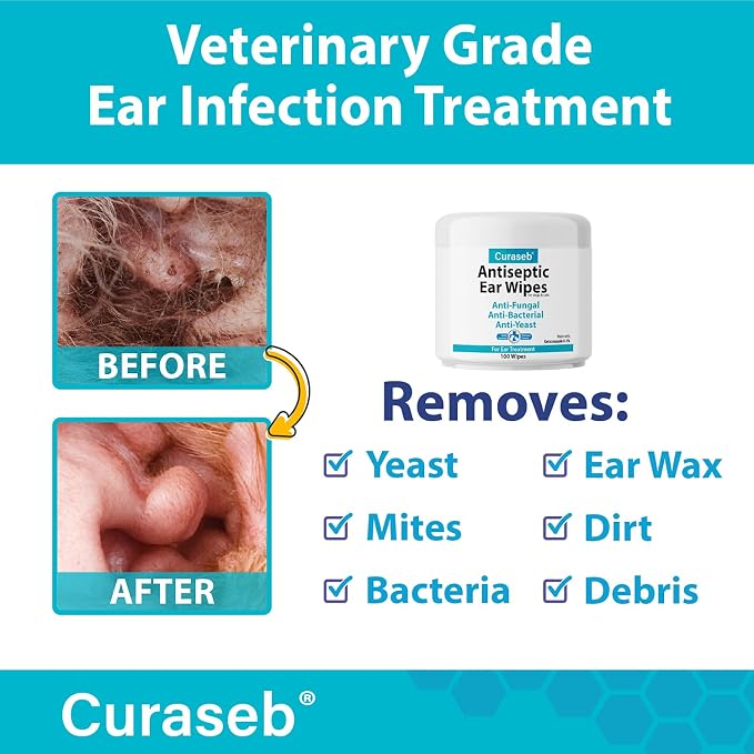 Curaseb Cat & Dog Ear Infection Treatment Wipes – Soothes Itchy & Inflamed Ears – Cleans Debris and Buildup – 100 Count (Pack of 2)