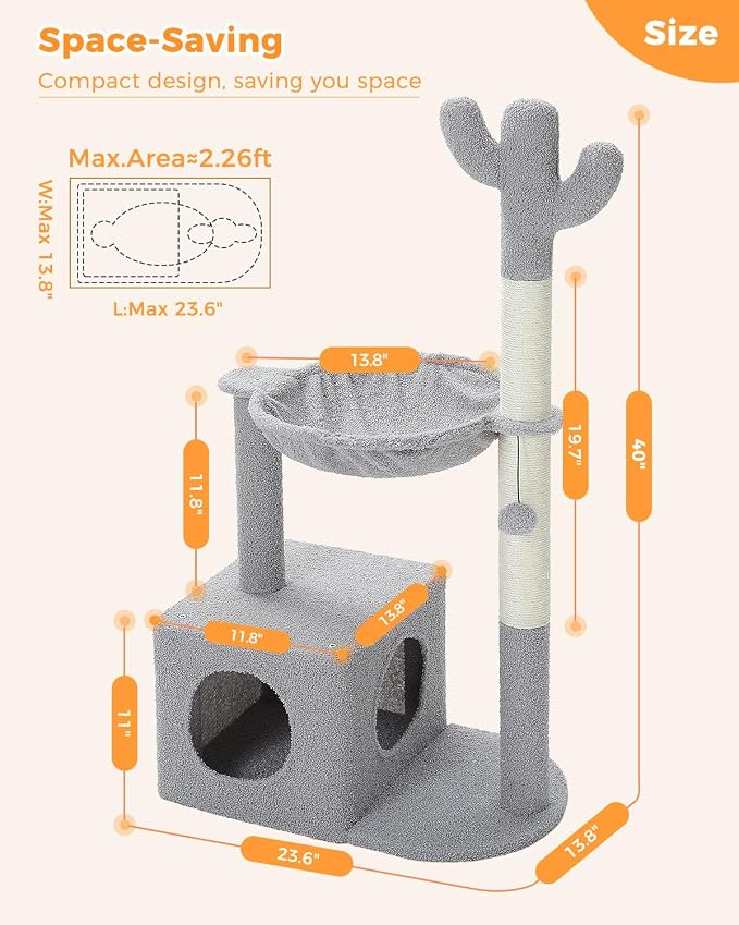 MUTTROS Cactus Cat Tree Cat Scratching Post 40" Cat Tower with Large Metal Carpet Hammock, Cat Scratching Post for Indoor Cats with Condo& Dangling Ball, Grey