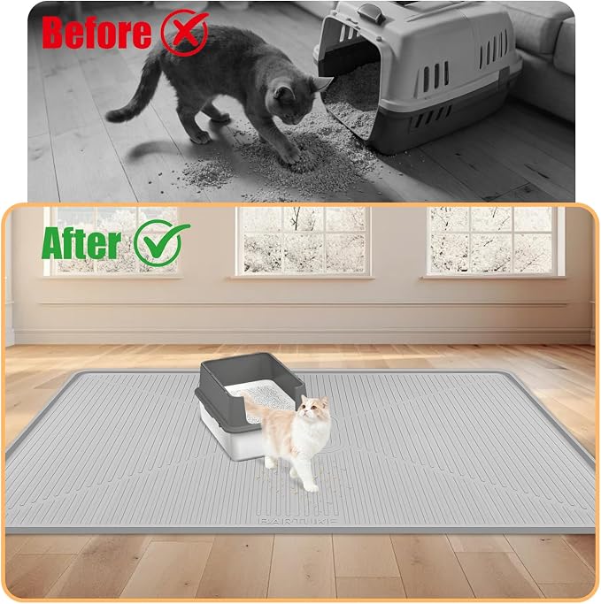 Silicone Cat Litter Mat 45" x 30" Cat Mat for Litter Box, Light Grey | Extra Large Cat Litter Trapping Mat for Floor, Waterproof, Non-Slip Kitty Litter Box Mat with Raised Edge, Easy to Clean