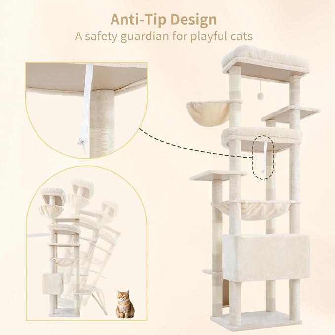 Heybly Tall Cat Tree for Large Cat, 80-inch Multi-Level Cat Tower HCT038M | Condo Furniture for Indoor Cats with Large Baseboard, 2 Widened Plush Perches, Scratching Board, Big Caves, Beige