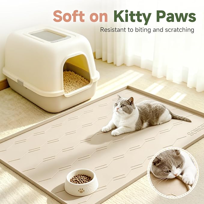 Songrey Silicone Cat Litter Mat 24" x 16", Large Litter Trapping Mat, Beige | Waterproof, Urine-Proof Litter Box Mat for Floor, Soft on Kitty Paws, Easy To Clean, Cat Supplies, Pet Feeding Mat