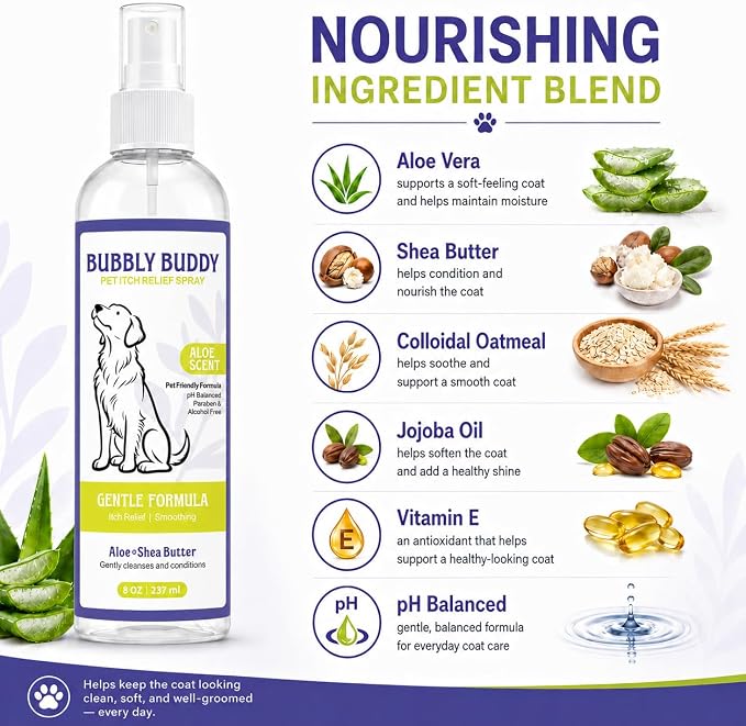 Pet Itch Relief Spray for Dogs, Aloe & Shea Butter Dog Coat Spray with Colloidal Oatmeal, Jojoba Oil & Vitamin E, pH Balanced Anti-Itch Coat Care, Aloe Scent, 8 fl oz
