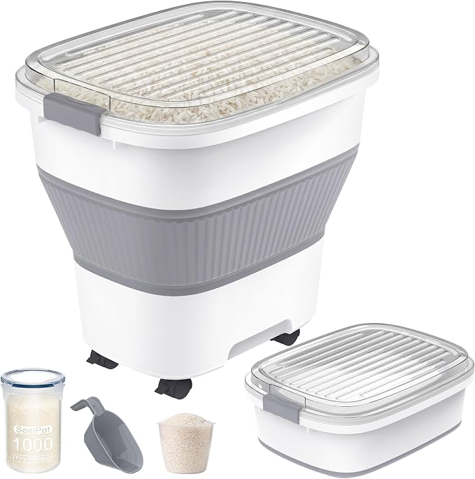 50 Lbs Rice Container, Collapsible Dog Food Storage Container | Airtight Cat Food Container with Wheels, Transparent Lid, Measuring Cup, Scoop, BPA Free for Pet Food, Grain, Bird Seed