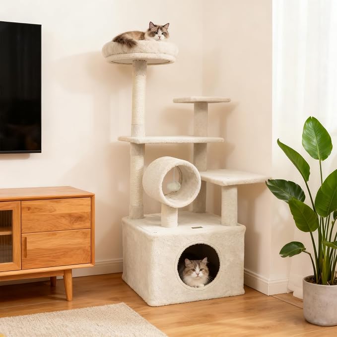Multi-Level Cat Tree Tower, 48 Inches Tall with Sisal Scratching Posts, Condo, Tunnel with Dangling Ball Inside, Padded Top Perch, Multiple Jumping Platforms, Ideal for Indoor Cats (Beige)