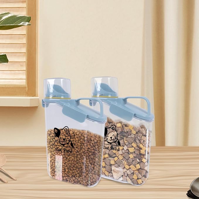 Airtight Dog & Cat Food Container - Measuring Cup/Pour Spout - Portable, Transparent - Blue