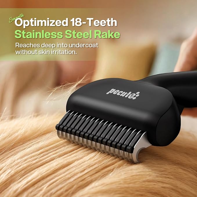 Pecute Self-Cleaning Undercoat Rake for Dogs Cats with Thick Double Coats | 1-click clean, 304SS, 18 rounded teeth, For seasonal heavy shedding & matting, Gentle on pets, Ideal for long/dense coats