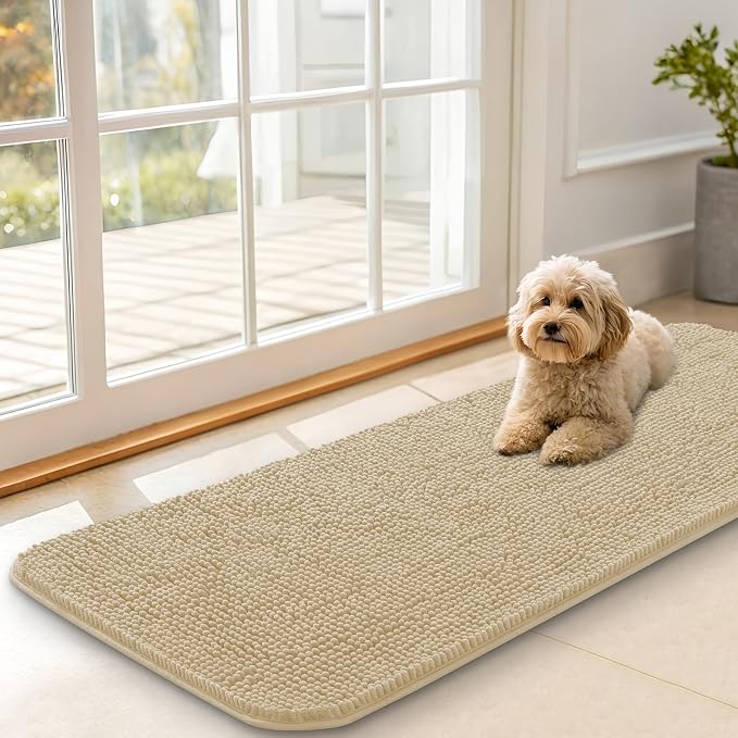 OLANLY Dog Door Mat for Muddy Paws 47x17, Super Absorbent Chenille Mud Mat | Beige, Absorbs Moisture and Dirt, Non-Slip Machine Washable Doormat, Quick-Drying Indoor Entryway Floor Carpet for Dogs