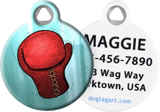 Boxing Glove Personalized Pet ID Tag for Dogs and Cats, Silent Polymer Coated Stainless Steel Nametag with Customized Identification Information - Large 1.25" Diameter