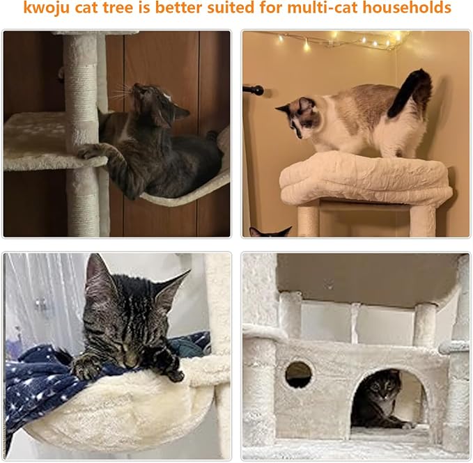 Beige 68 Inches Multi-Level Large and Tall Cat Tree Tower for Indoor Cats/Removable Pad/Cat Condo/Sisal Scratching Posts/Hammock/Cat Activity Center/Wide Base,White