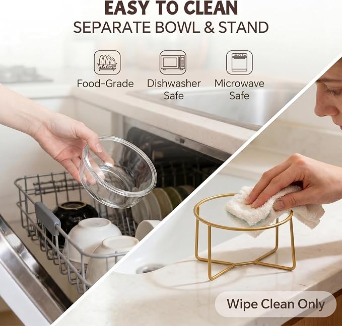 Small Glass Tilted Elevated Cat Dog Bowl Raised Cat Food Water Bowl Dish Pet Comfort Feeding Bowls with Gold Iron Stand