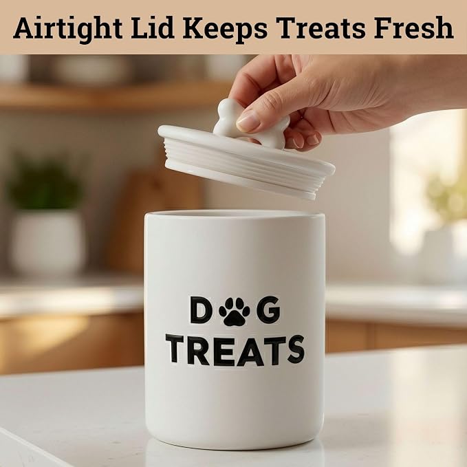 Ceramic Dog Treat Container Airtight - Ceramic Lid - 4 Cups - 4.3"W x 6.6"H | Airtight Ceramic Lid, Ceramic Bone Handle, Food Safe, Easy to Wash, Sturdy, Dishwasher Safe, Raised Design, 4 Cup Capacity