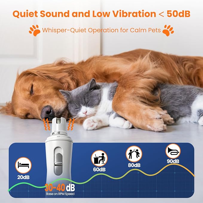 Tife Dog Nail Grinder for Dogs and Cats, Quiet Rechargeable | 2-speed electric pet nail trimmer with 3 grinding ports and diamond head for small dogs, large dogs, puppies and cats