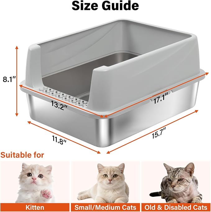Stainless Steel Litter Box with Lid,Low Entry Cat Litter Box | Metal Kitty Litter Box with Scoop and Mat,Kitten Litterbox for Small to Medium Cats,Non-Stick,Odor-Free,Easy to Clean
