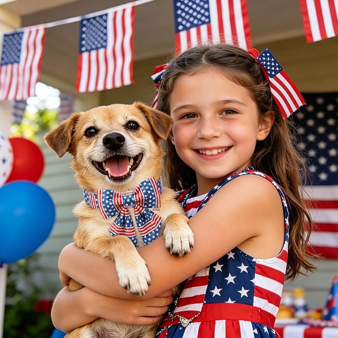 DOGWONG 4th of July American Flag Dog Collar, Red Blue Sailor Bow Tie Dog Collars with Metal Adjustable Buckle, Comfortable Independence Day Dogs Collars for Medium Dogs