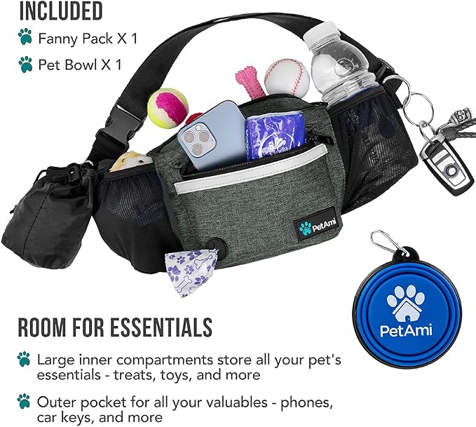PetAmi Dog Fanny Pack, Treat Pouch for Dog Walking Training, Dark Gray | Built in Poop Bag Dispenser, Water Bottle Holder, Collapsible Bowl, Pet Treat Waist Belt for Hiking Running Kibbles