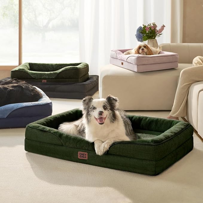 EHEYCIGA Orthopedic Dog Bed for Medium Dog, 30x20 Inch Memory Foam Dog Couch Bed with Sides, Waterproof Liner & Washable Removable Cover, Bolster Pet Sofa, Dark Green