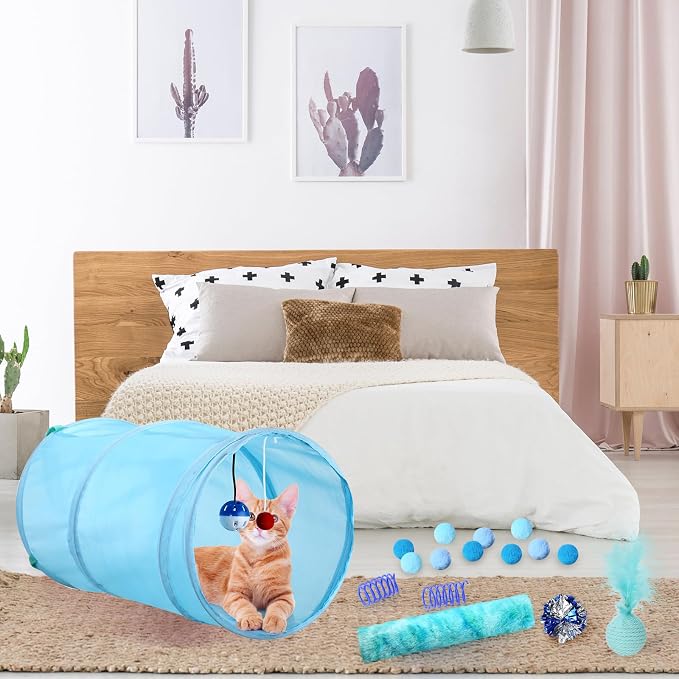Foilswirl 24 Pcs Cat Toys Set Interactive Kitten Toys Pack Including Collapsible Play Tunnel Feather Teaser Wand Fuzzy Ball Springs Pillow Mouse Bells for Indoor Cats Puppy(Blue,Classic)