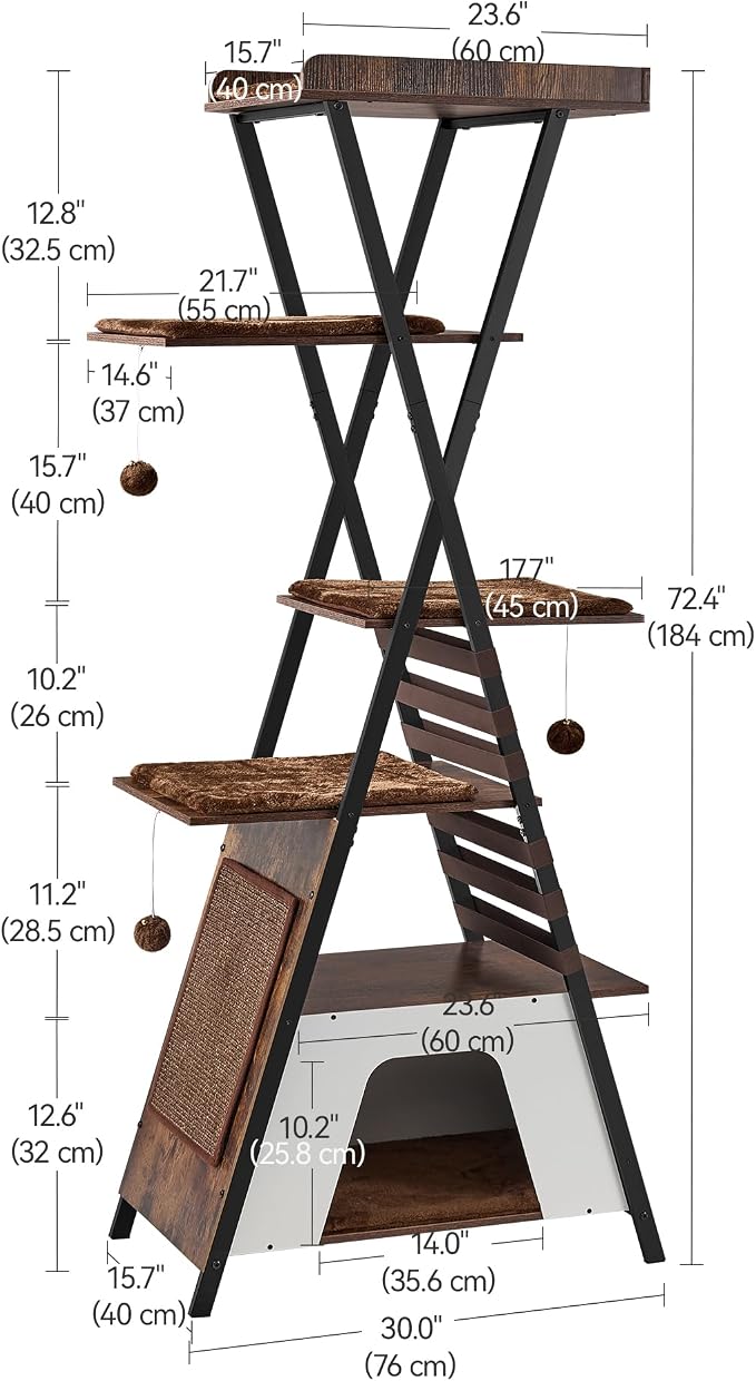 72.4" Modern Cat Tower for Indoor Cats - Multi-Level Condo With Caves, Tall Tree With Scratching Board, Wooden Tower With Large Perch, Removable Pads, Rustic Brown